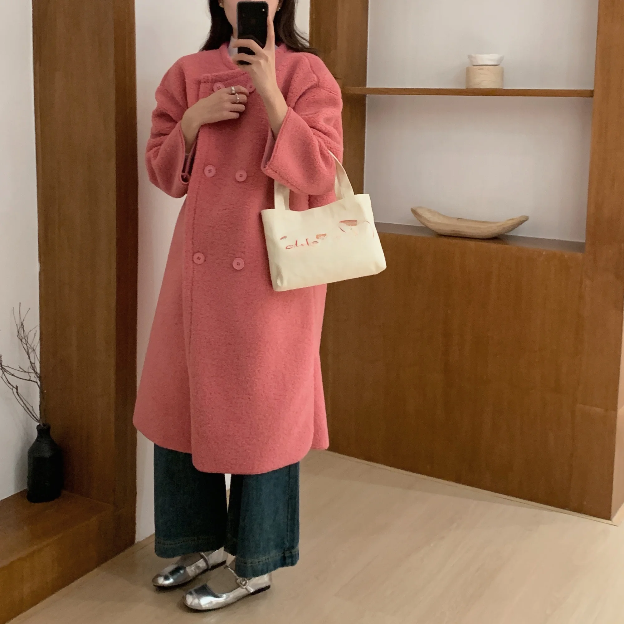 معطف نسائي طويل من الفرو للخريف والشتاء أنيق فضفاض بزر مزدوج ملابس خارجية كورية ملابس خارجية دافئة للمدرسة والشارع Sle #5