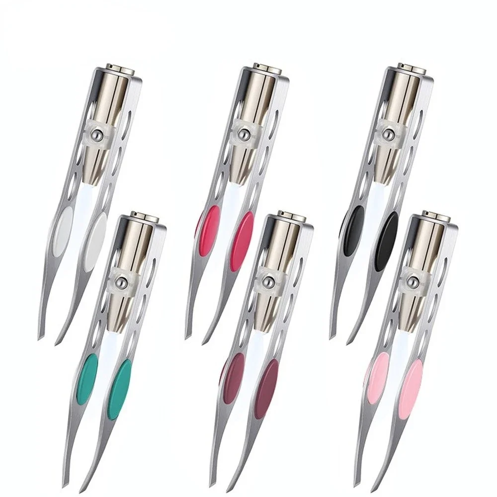 LED Eyebrow Tweezers Oblique Tip Eyebrow Trimming Clip Stainless Steel Eye Hair Removal Clamp False Eyelashes Curler Makeup Tool