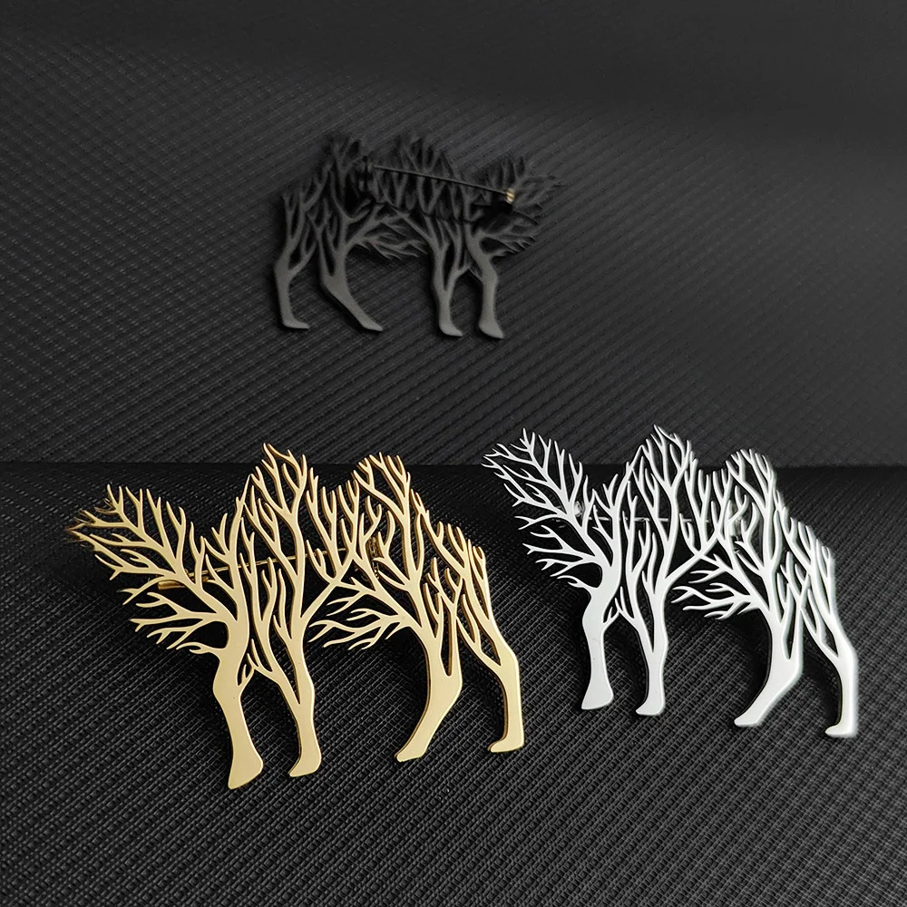 Artistic Tree Pattern Camel Brooch  Animal Metal Hollow-out Badge Natural Style with Collar Pin Decoration Accessory