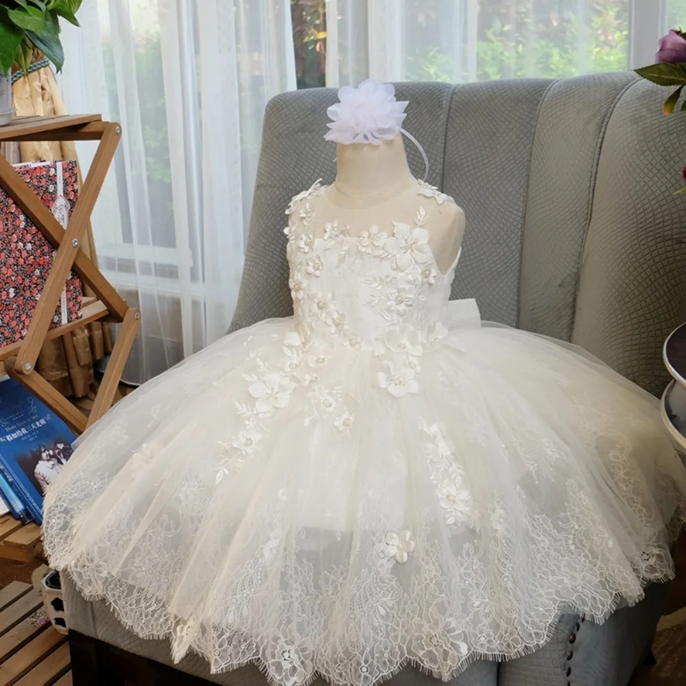 

Custom 3D Floral Lace Trim Sleeveless Tulle Flower Girl Dress Wedding Gown for First Christmas Kids Party Outfit فساتين سهرات