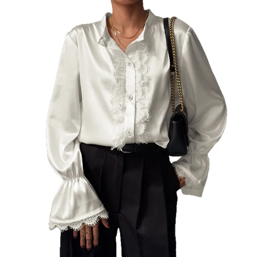 2026 Spring Women's Elegant Luxury White Satin Shirt Lace Detail Stand Collar Bell Sleeve Loose Fit Office Afternoon Tea Top