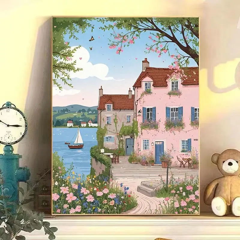 1set DIY Digital Oil Painting Pink City Series Handmade Fill Color Series Oil Painting