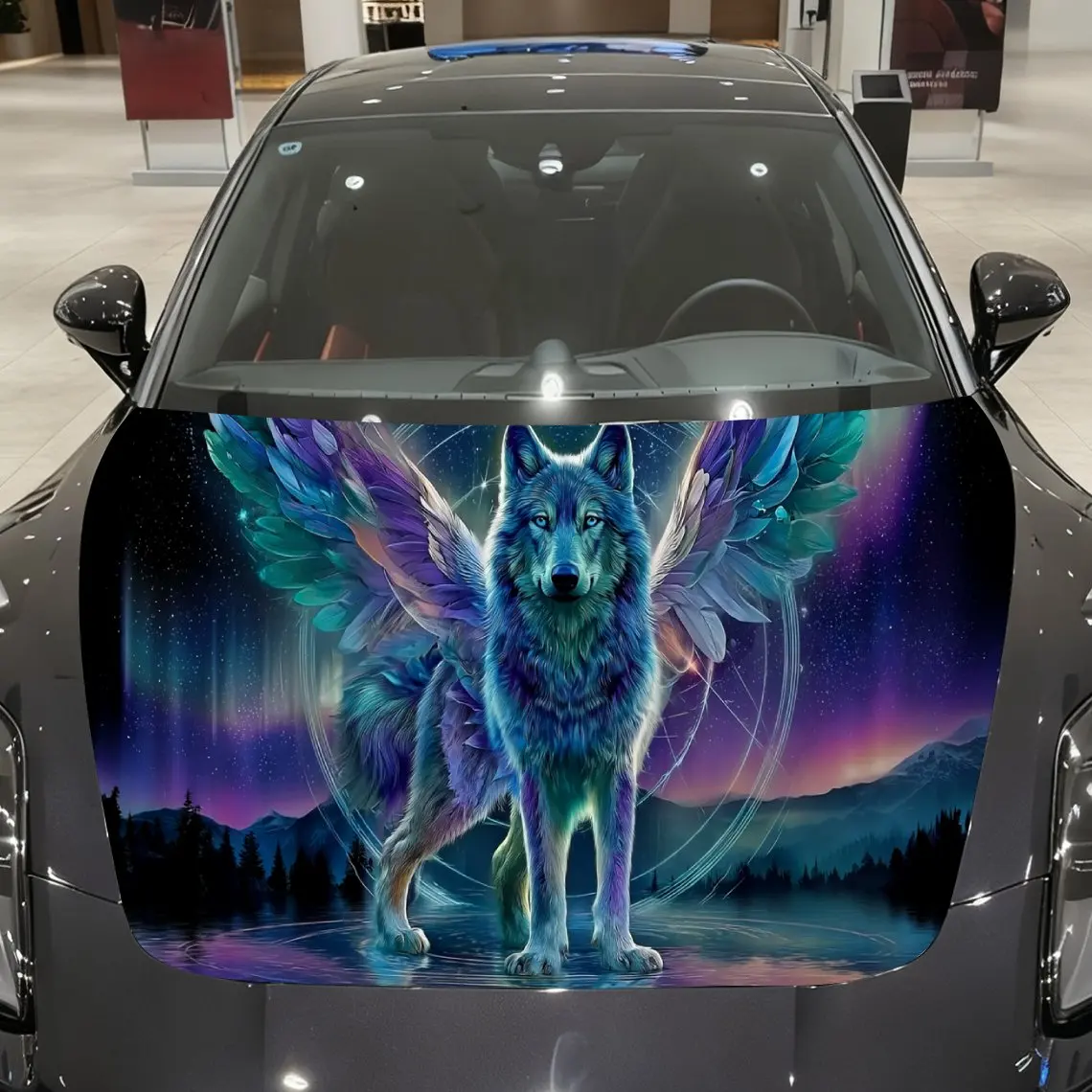 

Rainbow Flying Wolf in Starry Mountains and Rivers Car Vinyl Wrap, PVC Material Waterproof Car Hood Sticker, Self-Adhesive Scrat