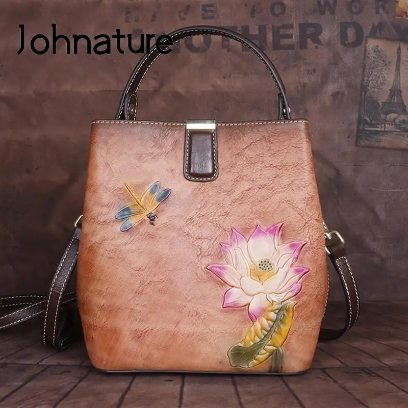 

Johnature Retro Handbag Women Bucket Bag 2024 New Genuine Leather Handmade Embossing Floral Cowhide Shoulder & Crossbody Bags
