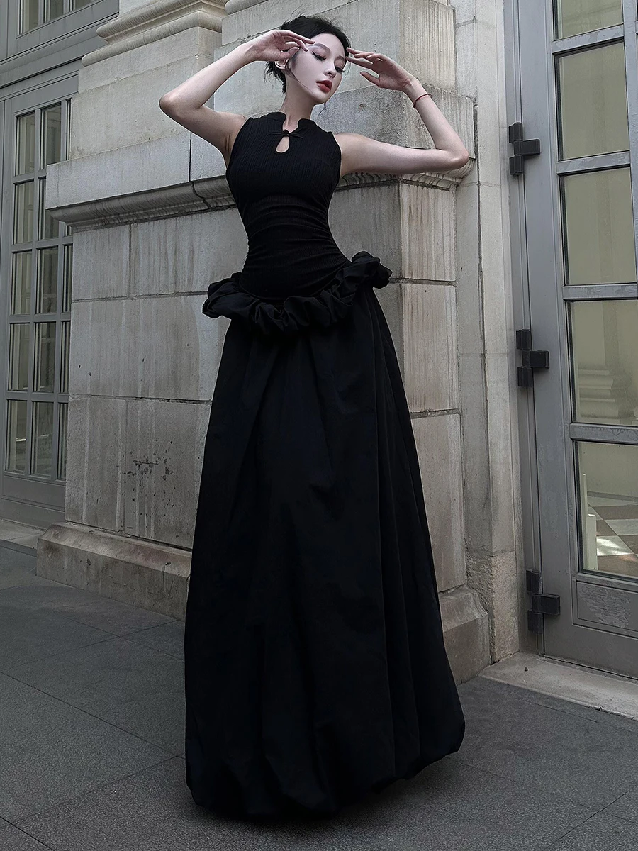 RORORIRI Retro łączona wzburzona bufiasta długa sukienka Maxi damska bez rękawów solidna dzianina wycięcie czarna Cheongsam neo-chińska suknia wieczorowa