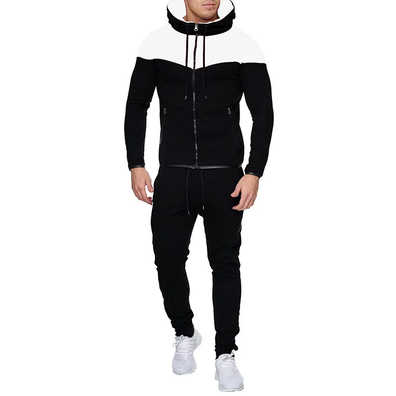 2024 Spring and Autumn New Men\'s Fashion Casual Color blocked Cardigan Zipper Hoodie Set Sports Running Two Piece Set