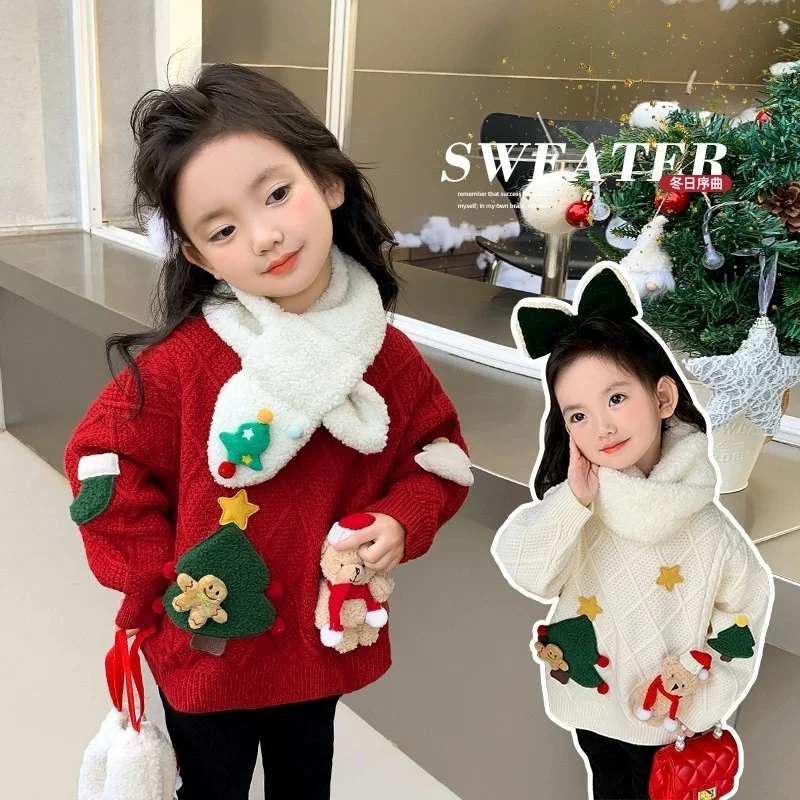 

Korean 2026 Winter Children Girls Sweater Christmas Tree Santa Kids Baby Girls Knitwear Velvet 2-8Yrs Little Girl Pulloverssoft