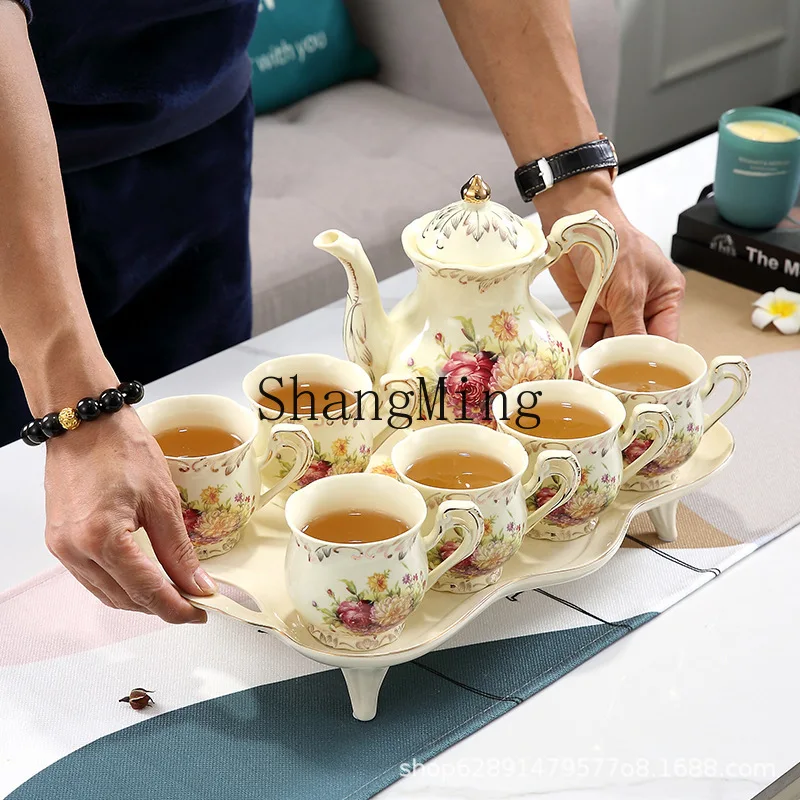 

PYH golden light luxury water set 8-piece set ceramic tea cup kettle gift set with tray hand-carved with gold edge