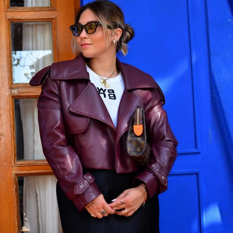 HXAO Outerwears Faux Leather Jacket Women Autumn Cropped Demi-Season Jacket Windbreaker Ladies Fashion Long Sleeve Black Jacket