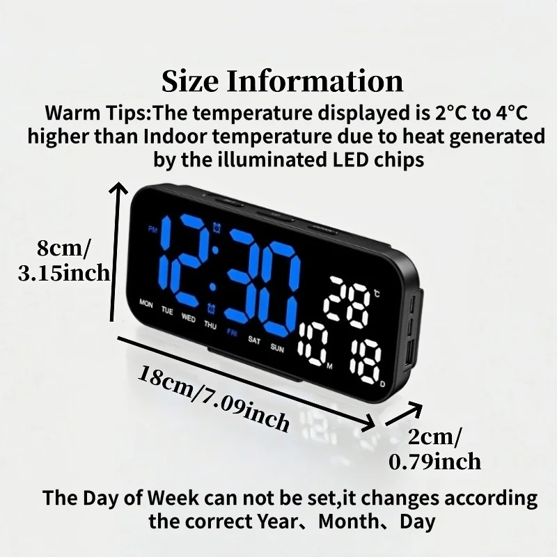 USB Powered Digital Alarm Clock TEMP Date 2 Alarm Timing Countdown Snooze Table Clock 12/24H Auto Dimmable LED Wall Clock