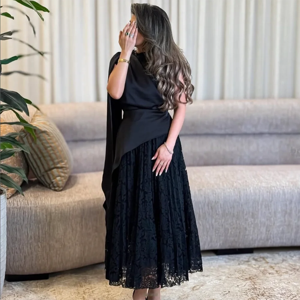 

Customized Black A-Line Prom Dresses Tea-Length O-Neck Sleeveless Evening Gown Simple Fashion Lace Draped Bow Ruched Party Gown