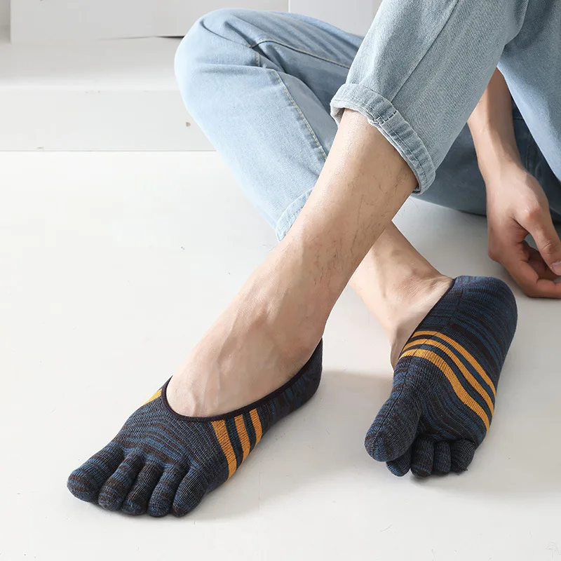 Summer Man Toe Socks Invisible Cotton Striped Colorful Young Casual Vintage Non-Slip soft Shallow Mouth No Show 5 Finger Socks