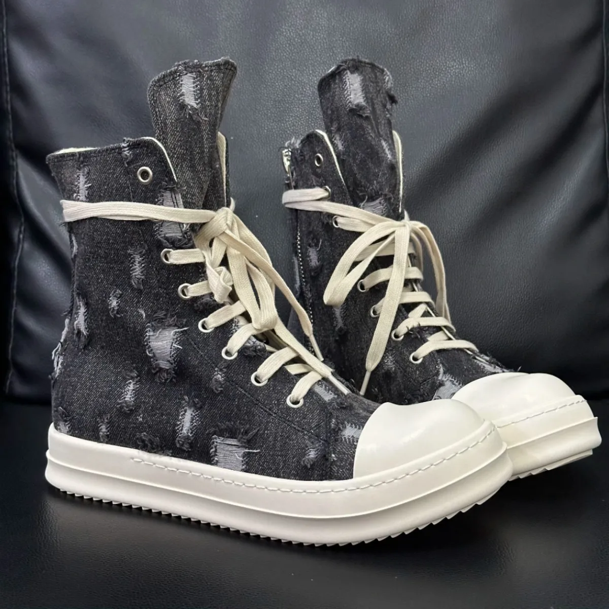 

Men High Top Shoes Gray Canvas Women Retro Designer Sneakers Luxury Lace Up Zip High Street Autumn Flats Black Male Ankle Boots