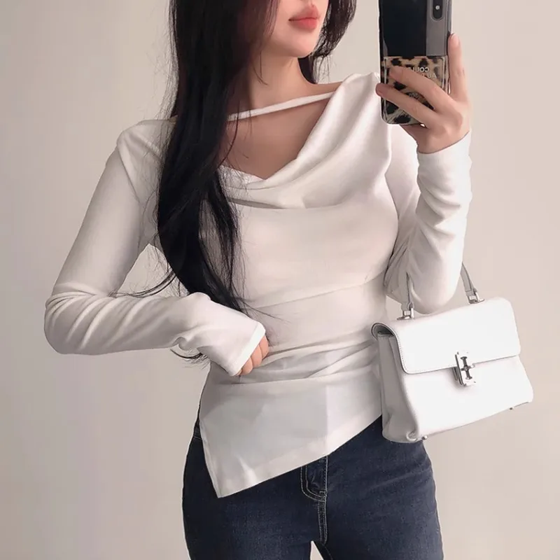 South korea Dongdaemun Fashion Comfortable New Trendy Pleat Split Long sleeve Autumn and Winter Elegant Fene Waist Huggin...