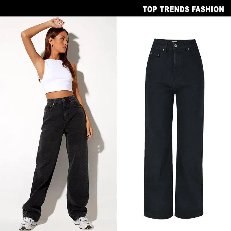 

High Waist Straight Leg Cool Bla Denim Pants Women's Faion High Elastici Mid-Length Trousers for All Seasons