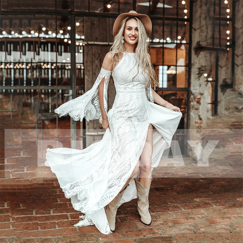 Elegant Mermaid Boho Wedding Dresses Women 2024 White Lace Long Sleeve Open Back Split Bridal Gown Sweep Train Vestidos De Noiva