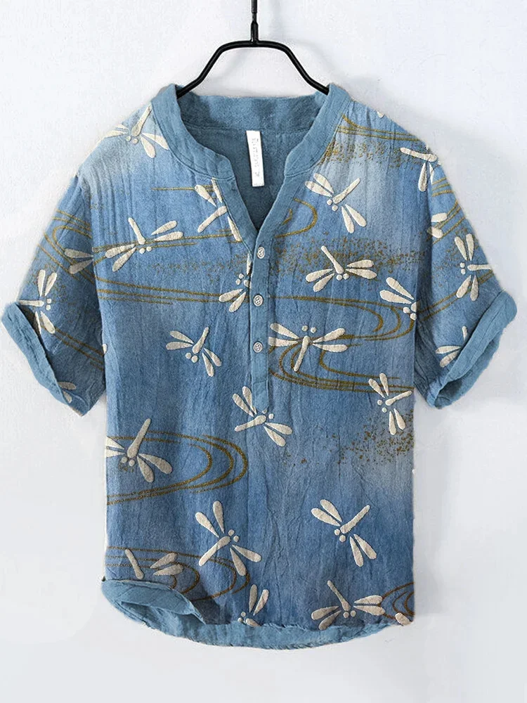 2025 Elegant Comfortable Fashion Shirt Men's Summer New Short Sleeve 3D Printed V-Neck Three-Button Holiday Shirt S-5XL