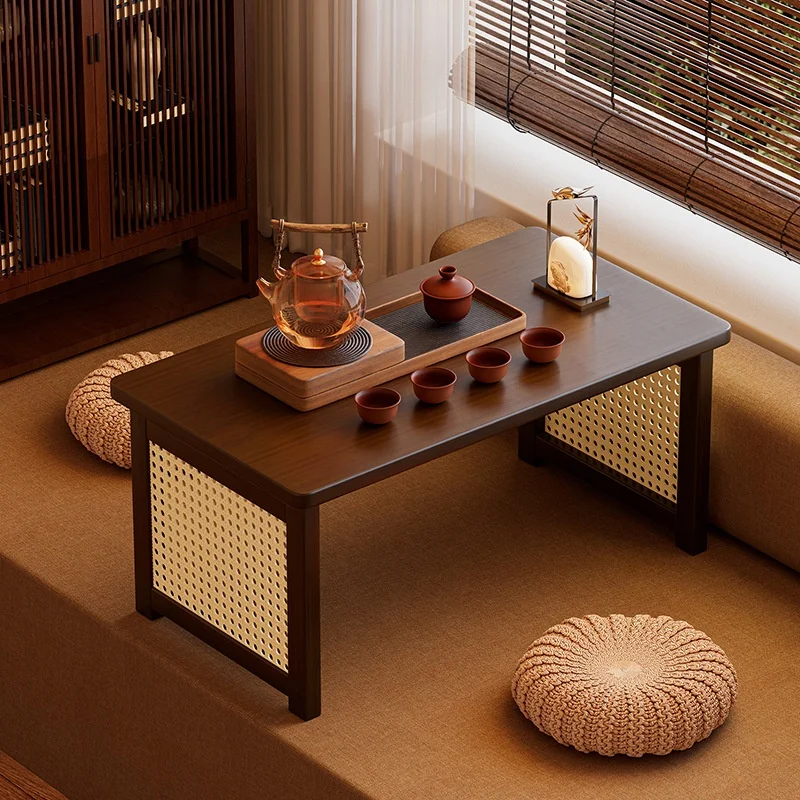 Foldable Table Rattan Tea Table for Tatami Multi-Functional Coffee Tables Solid Wood Rattan Side Tables Bay Laptop Stand Table