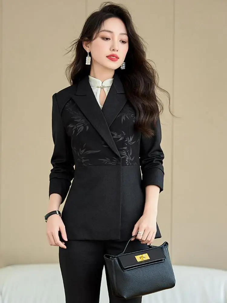 

Autumn Winter Vintage Chinese Style Black Print Workwear Blazers Women Elegant Single Button Long Sleeve Office Tops Street Chic