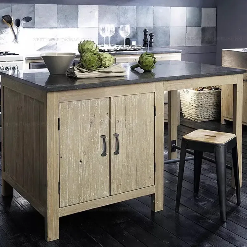 TAO  Solid wood island kitchen, marble sideboard, storage cabinet, table cooking table, log style old
