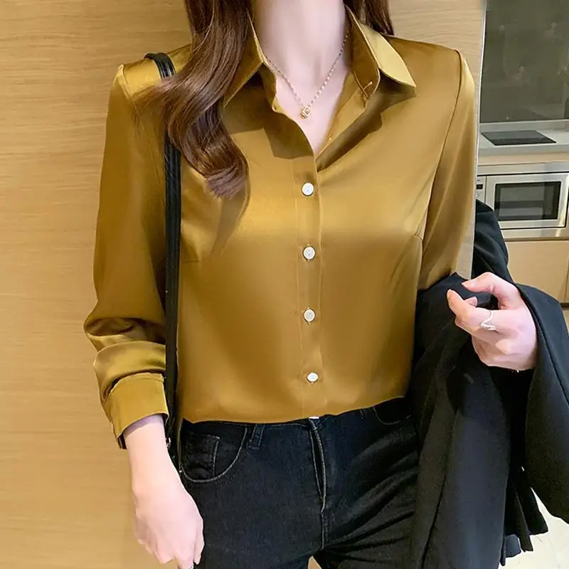 Elegant Solid Color Lapel Button All-match Satin Shirt Women Clothing 2022 Autumn New Casual Tops Long Sleeve Office Lady Blouse