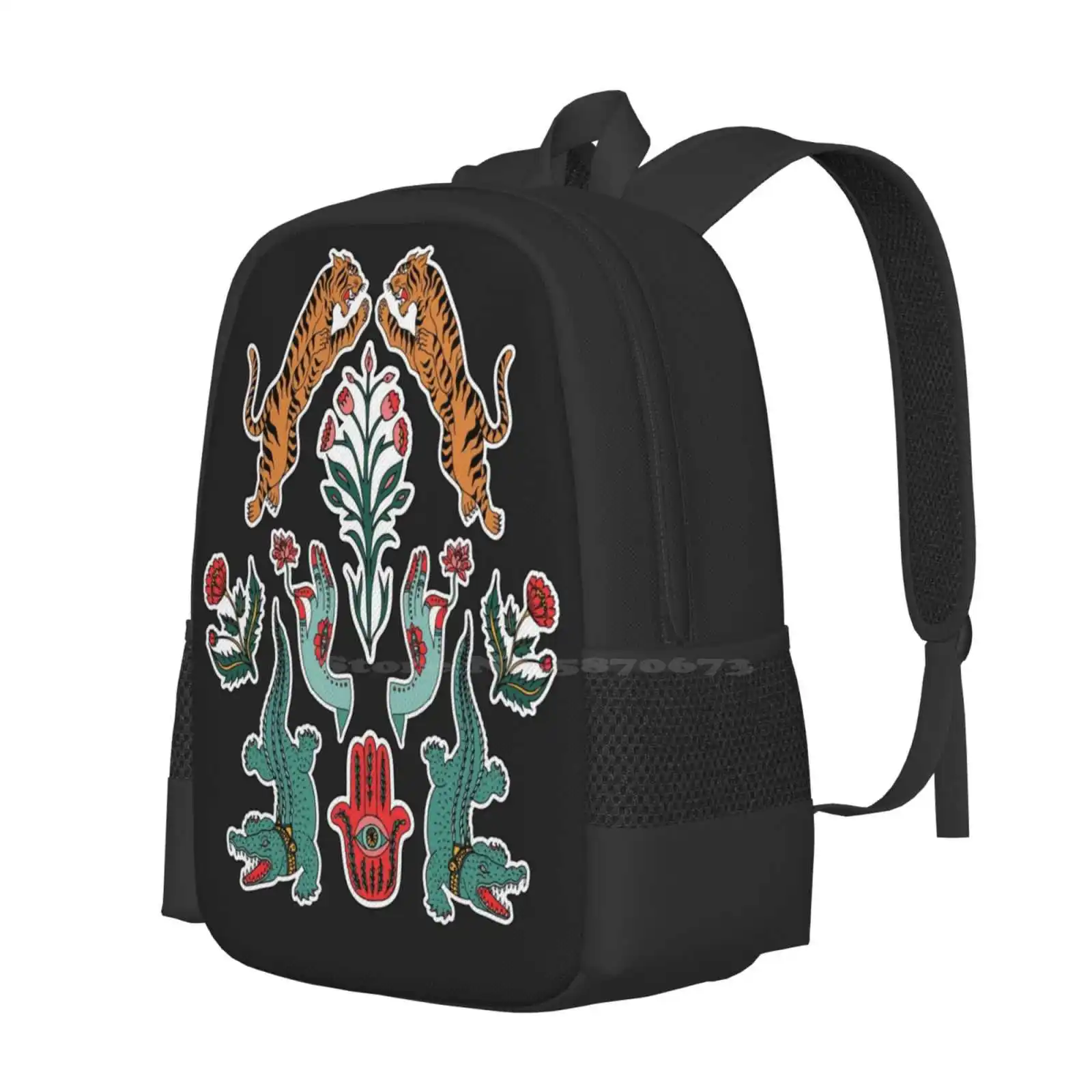 Indian Inspiration Pattern Design Bagpack School Bags Indian Tiger Boho Alligator Ethnic Flower Lamp Snake Yoga Patch Hand Hamsa