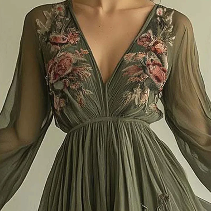 Seksowna sukienka maxi w stylu boho dla kobiet, długa sukienka letnia, wiosenna, z długim rękawem, plażowa sukienka letnia, kwiecista, z dekoltem w serek, sukienki maxi na imprezę, Vestidos