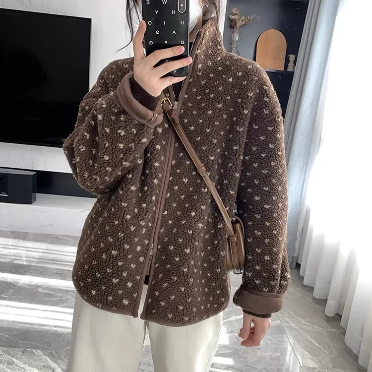 

Модная теплая куртка с воротником из овечьей шерсти в горошек, на двойной молнии, свободного кроя, утепленная хлопковая, высококачественная, стильная