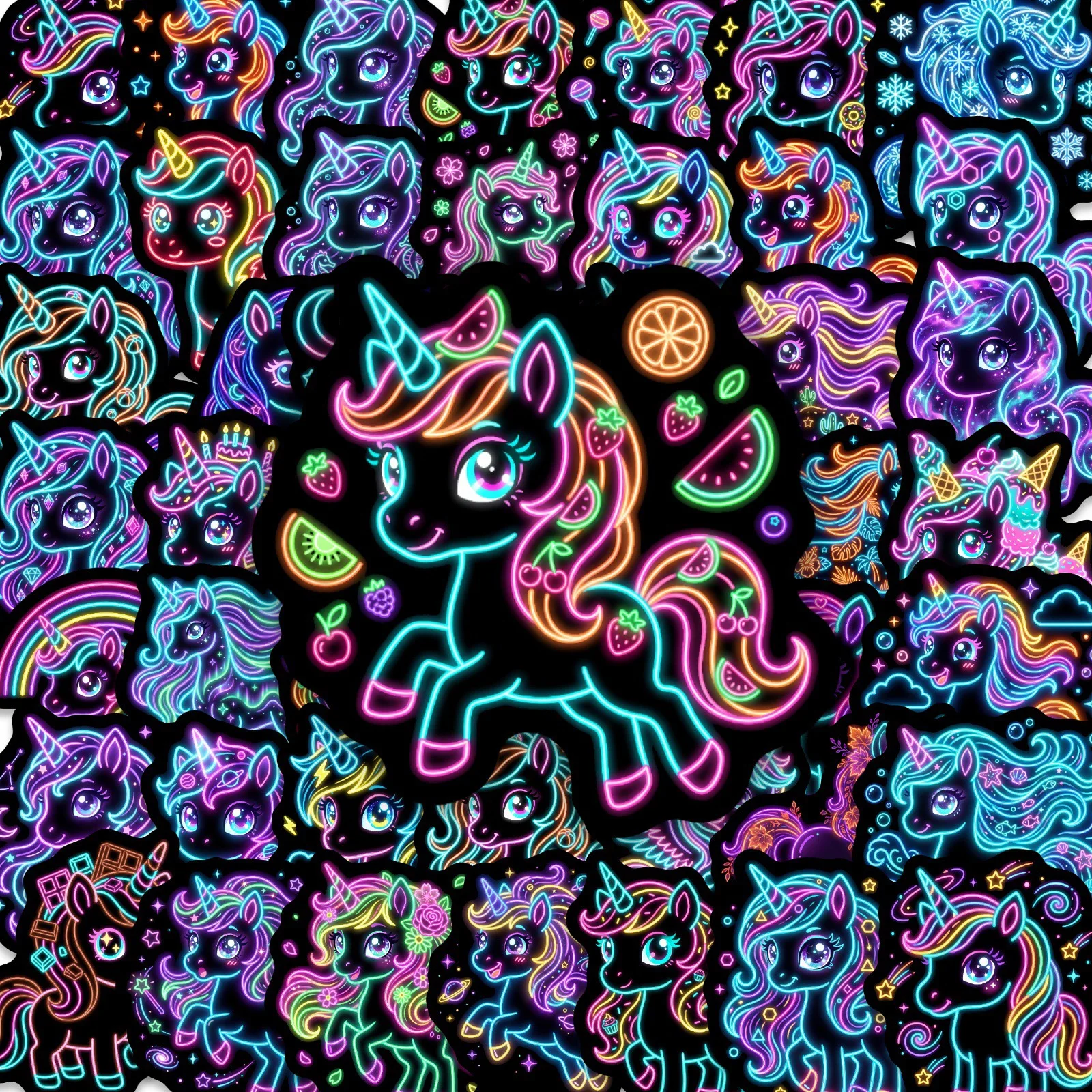 50 Stück Neon-Einhorn-Graffiti-Aufkleber, Cartoon-Kreative Regenbogen-Tier-Pferde-Aufkleber, DIY-Dekoration, Schreibwaren, Wasserfeste Aufkleber