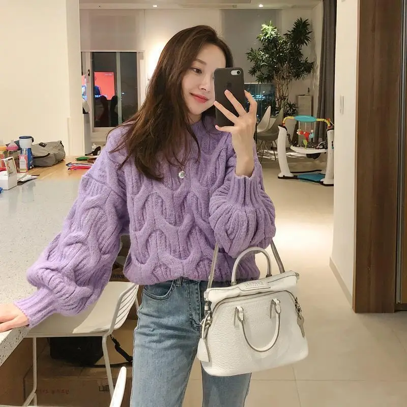 

Fashion Stand Collar Knitted Loose Lantern Sleeve Sweaters Female Clothing 2023 Winter Oversized Solid Color Casual Warm Tops