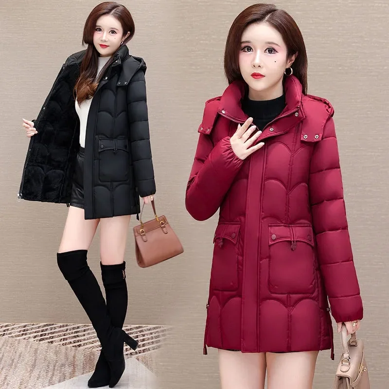 -30 Degree Thick Winter Women\'s Cotton Clothing Hooded Warm Coat Casual Jacket Female Overcoat Medium-long Parkas Mom Outerwear