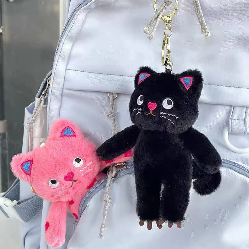 Pink Polka Dots Cat Plush Toy Cartoon Speechless Cat Pendant Soft Stuffed Doll Keychain Car Key Ring Backpack Bag Decor