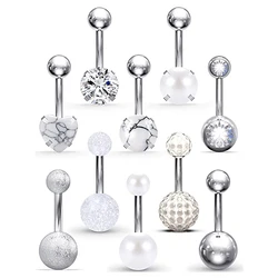 WKOUD Belly Button Rings 14G Stainless Steel Navel Belly Earring CZ Heart Opal Navel Ring Barbell Body Piercing Jewelry