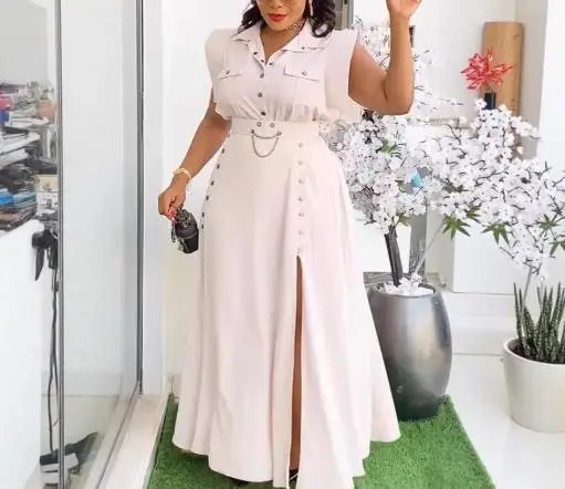 

Elegant Women's Commuting Long Skirt Set Solid Color Lapel Button Sleeveless Shirt Top High Waist Slit Loose A-Line Skirt Set
