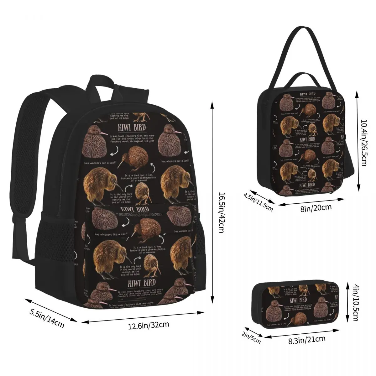 Conjunto de três peças de mochila divertida para estudantes, mochilas escolares, mochila dos desenhos animados, lancheira, caneta, mochila para meninos e meninas, Kiwi Bird