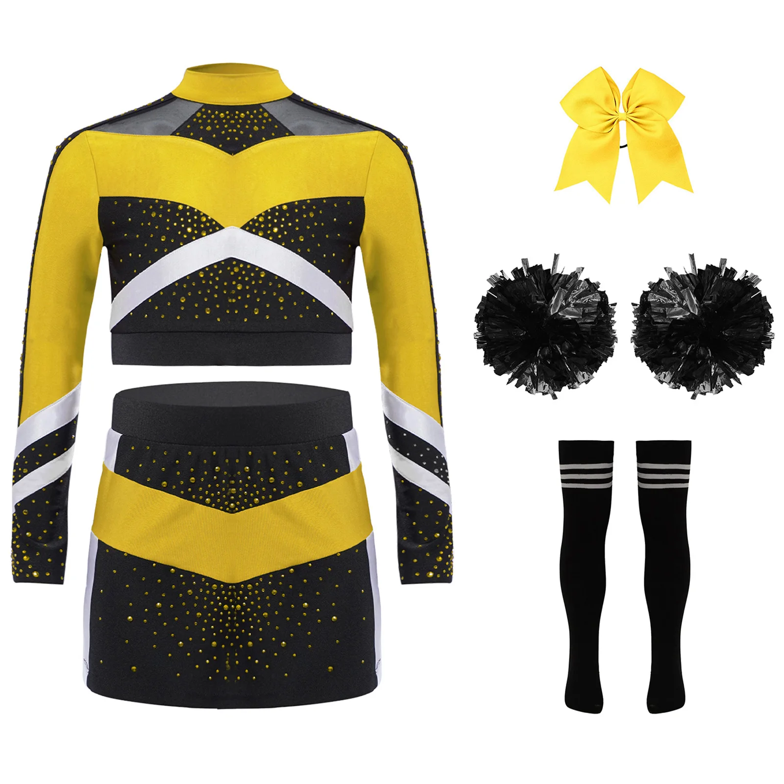 Cheerleader Performance Uniforms Outfits Girls Kids Cheerleading Crop Top with Skirt Socks Sets Teens Cheering Team Costumes
