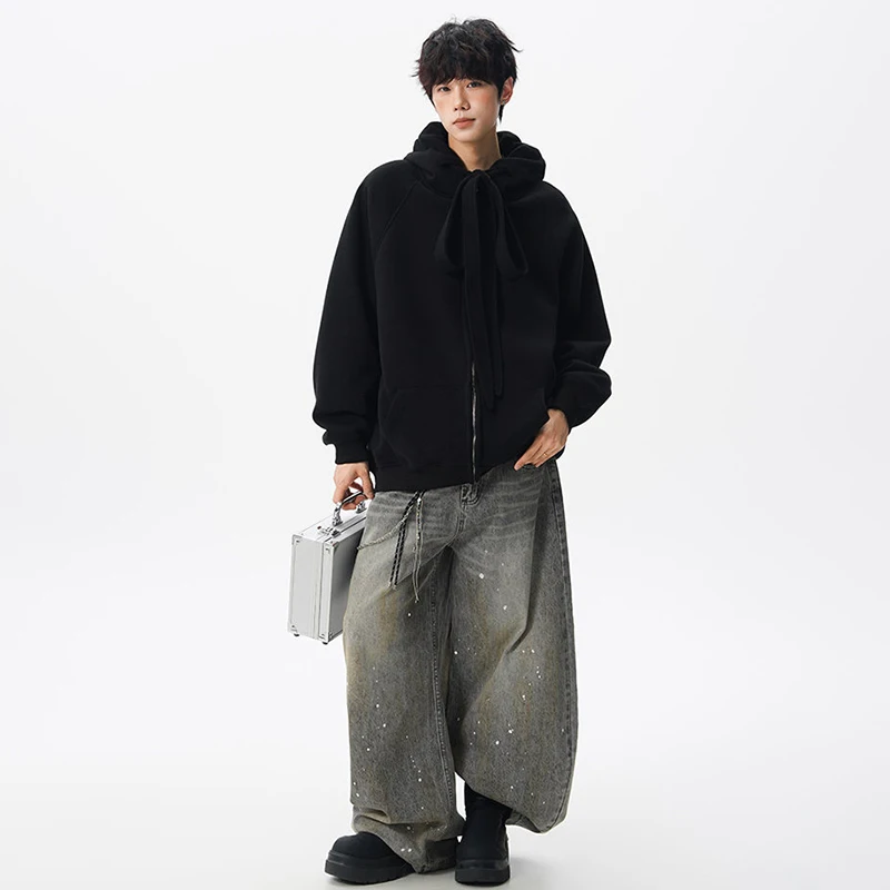 LUZHEN الشريط تزيين بلون فضفاض الشارع الشهير هوديس البلوز الرجال 2025 الخريف موضة كم طويل البلوز جديد JY4132