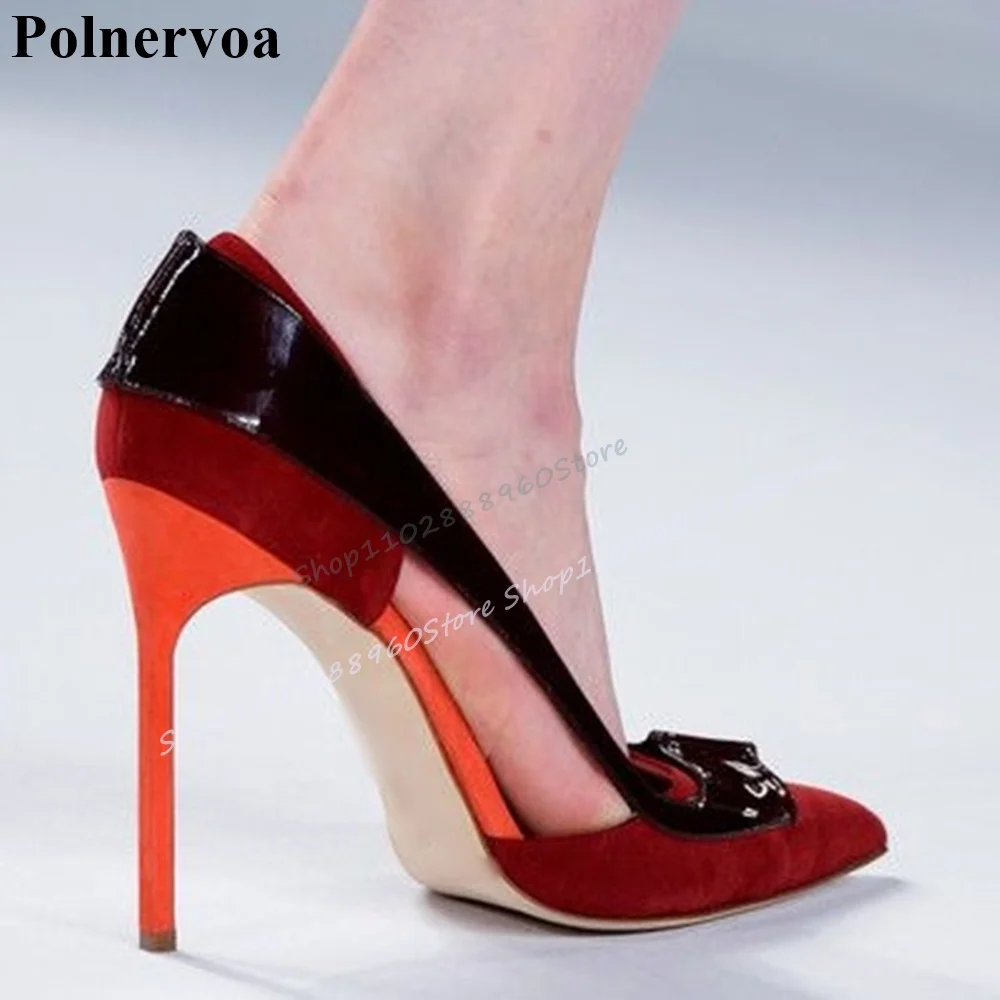 สีแดงPatchworkตื้นสง่างามปั๊มรองเท้าส้นสูงบางรองเท้าผู้หญิงSlip On Pointed Toe 2025 แฟชั่นZapatos Para Mujere
