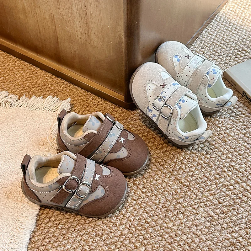 Toddler Floral Print Sneakers Double Magic‑Tape Faux‑Buckle Soft Rubber Sole Baby Walking Shoes
