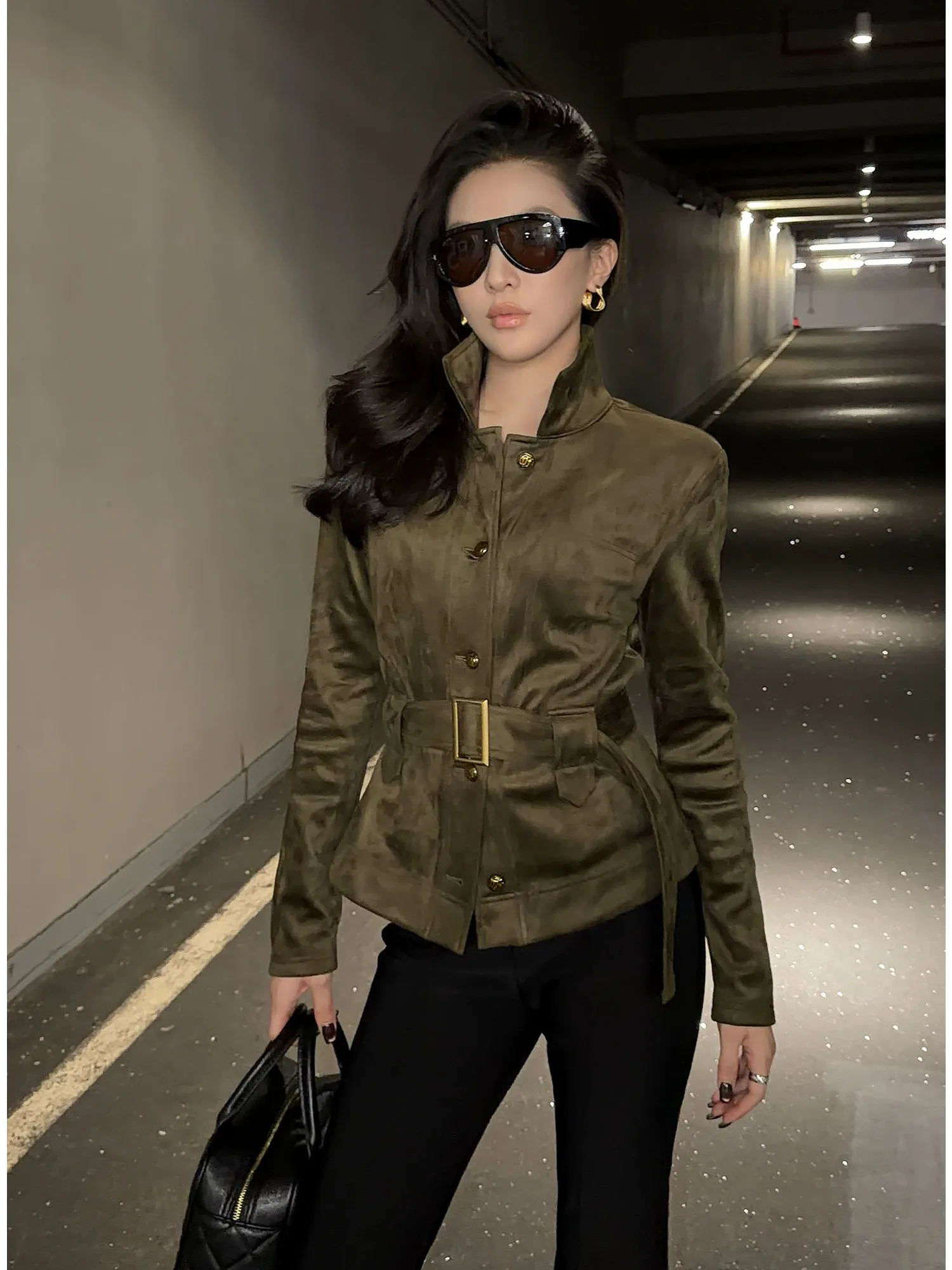 

Retro Long Sve Women's Jaet with Belt Casual Design Autumn Winter Outerwear Commute Sle Polyester Spandex Blend