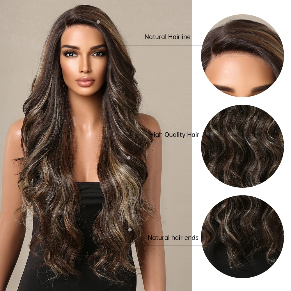 Long Body Wave Lace Front Synthetic Wigs Brown Copper Blonde Mixed Side Part Lace Frontal Wig for Women Brazilian Heat Resistant