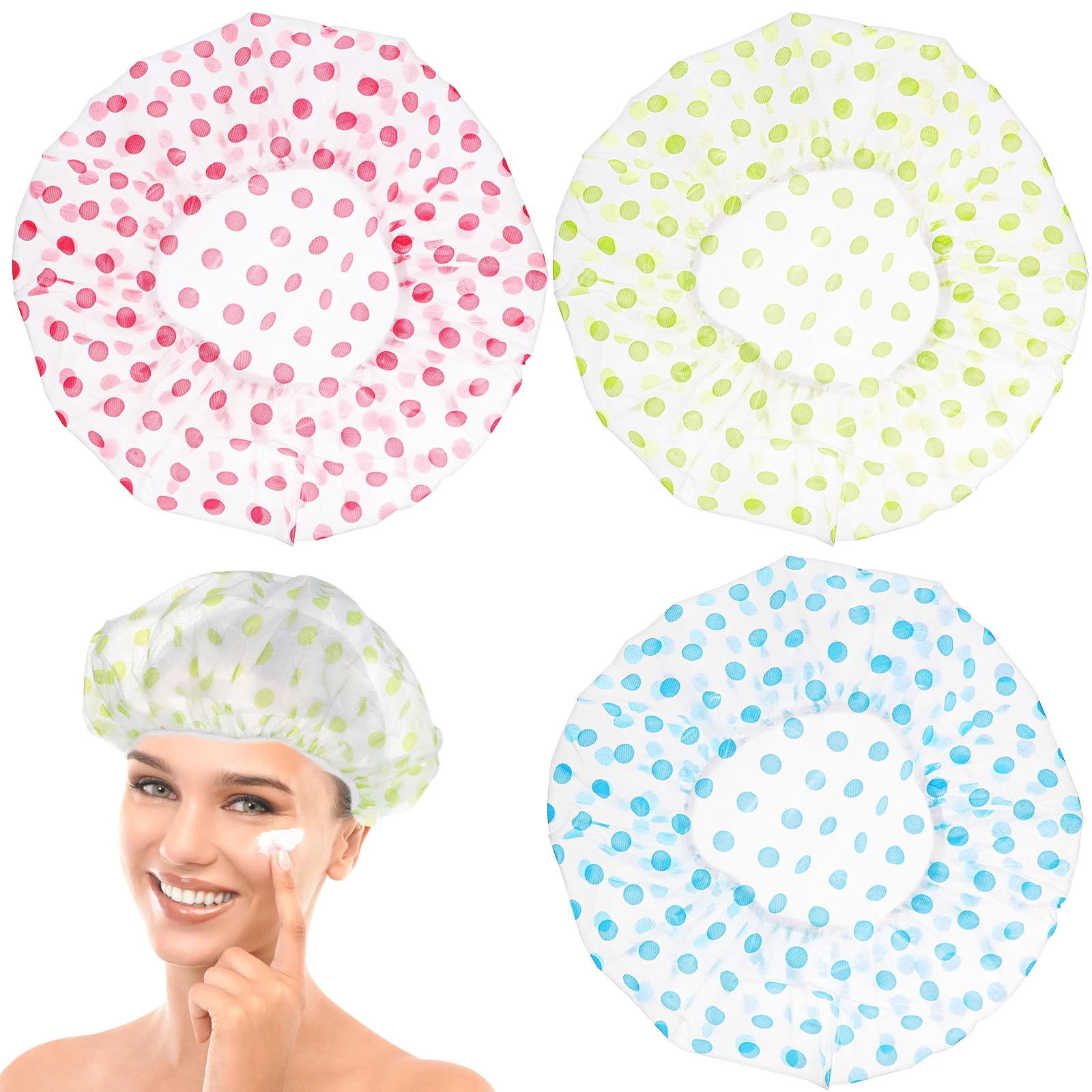 

SOLUSTRE Waterproof Shower Caps 6pcs Dot Pattern Thickened Bathing Caps for Women Elastic Band Home Salon Use Green