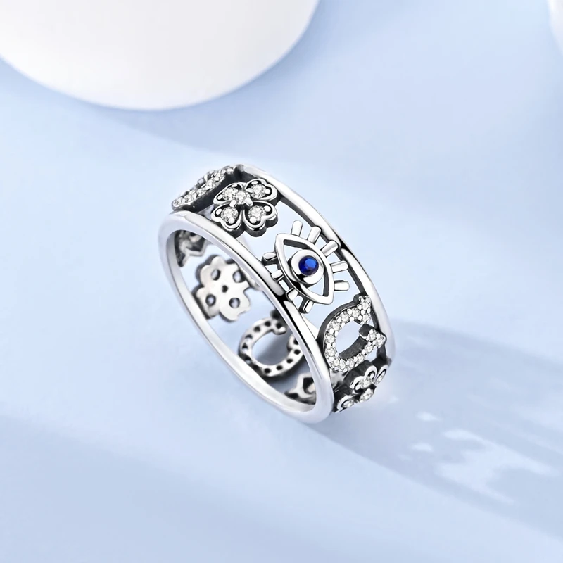925 Sterling Silver Women's Wide Band Ring Retro Hollow Evil Eye Moon Star Celtic Knot Cubic Zirconia Statement Jewelry Gift