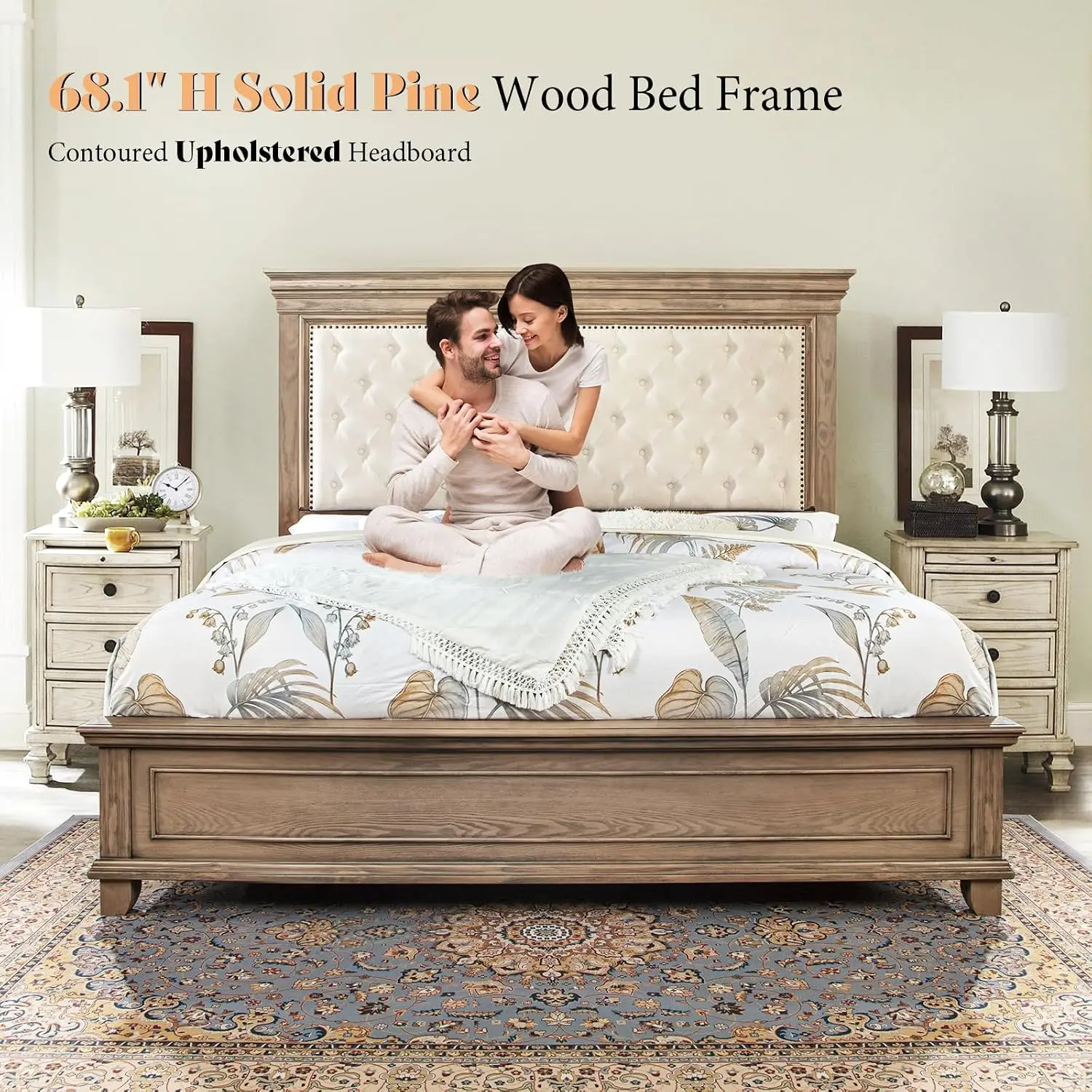 Solid Wood King Size Bed Frame with 68" Upholstered Headboard, Custom