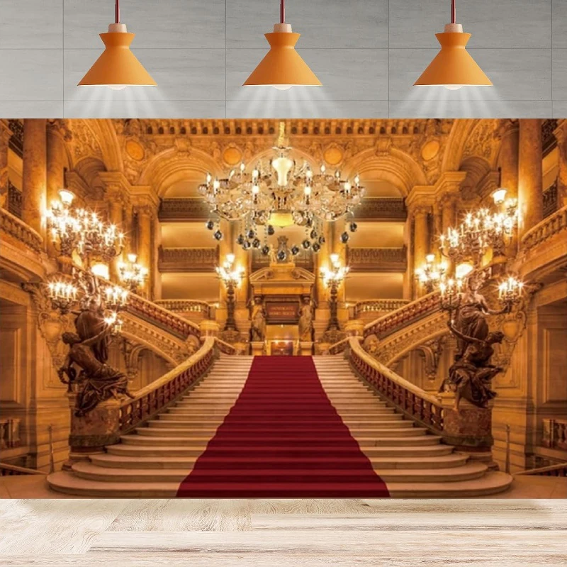 ChloropLastid Luxurious Palace Photography Backdrop For Red Carpet Golden Castle Chandelier Royal Buildings Stairs Background