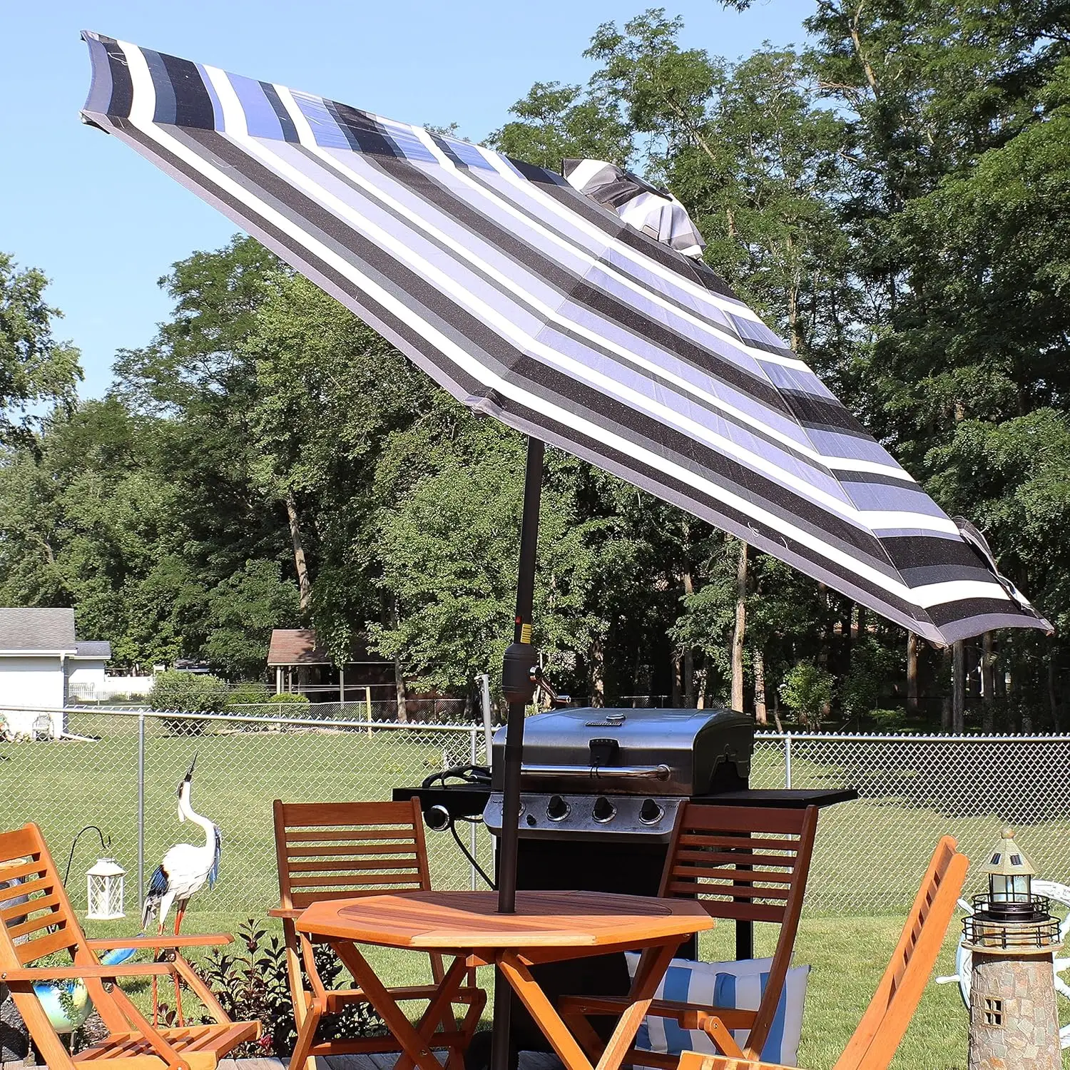 Sunnydaze 9 Foot Outdoor Patio Umbrella with Solar Lights & Tilt/Crank, LED, Catalina Beach Stripe