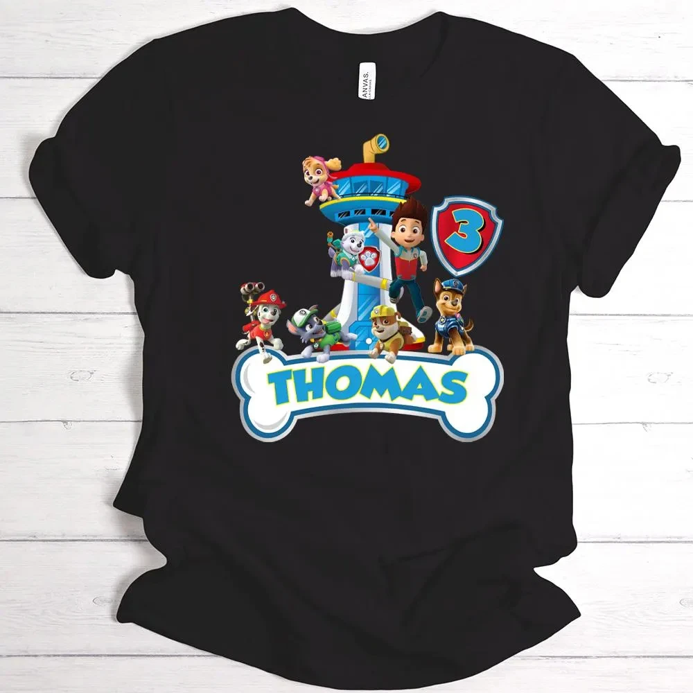Cartoon PAW Patrol Lookout Tower Kids Birthday T‑Shirt Personalized Custom Name Number Graphic Short Sleeve Tee Party Tops