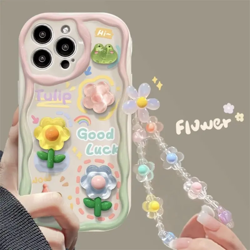 3D Flower Animal Phone Chian Case for Samsung Galaxy S24 S23 Ultra S22 S21 Plus S20 FE A54 A34 A52 A53 A35 A55 A14 A23 A24 Cover