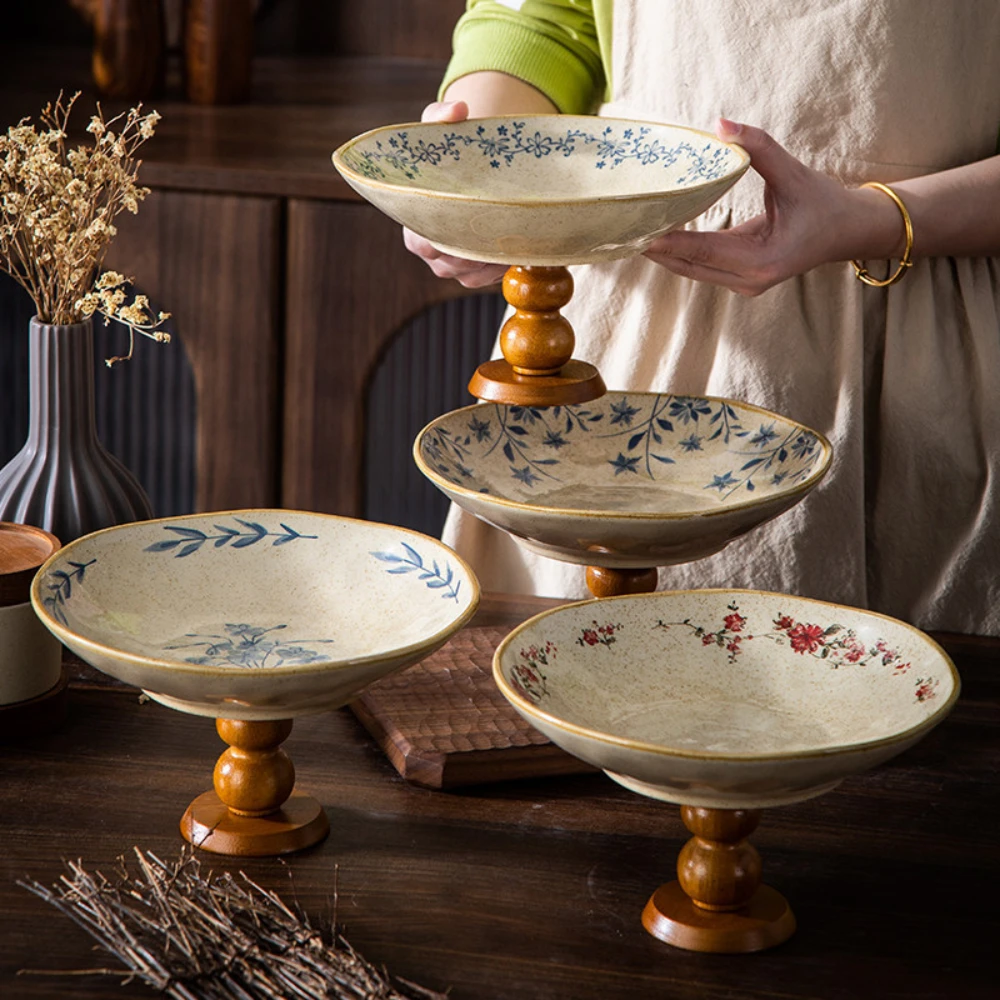 Hand Painted Floral Ceramic Pedestal Dish Wooden Base Footed Fruit Bowl Decorative Serving Plate