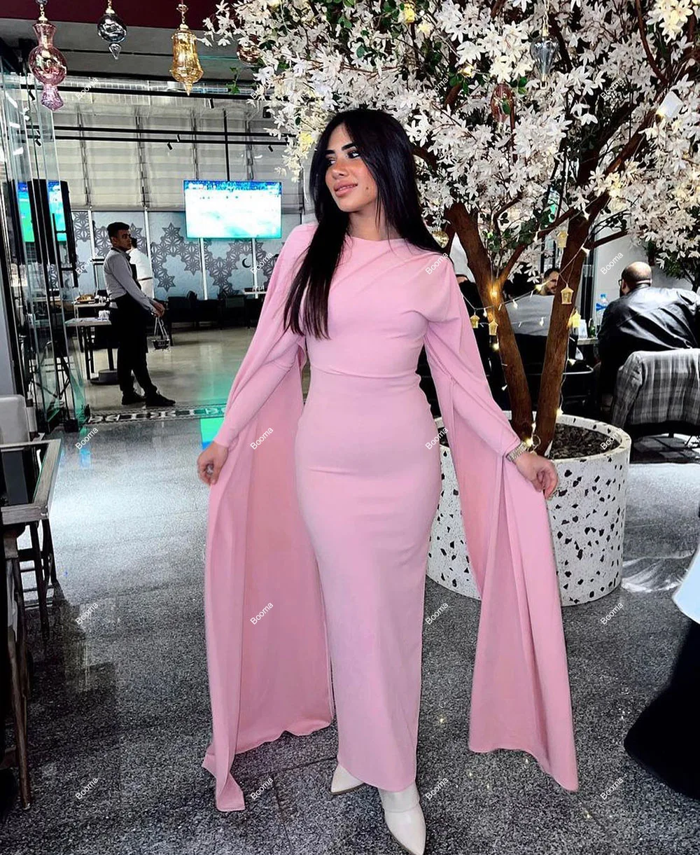 Booma Pink Elegant Mermaid Evening Dresses Draped Sleeves High Neck Formal Party Gowns for Women Ankle Length Prom Dress Dubai